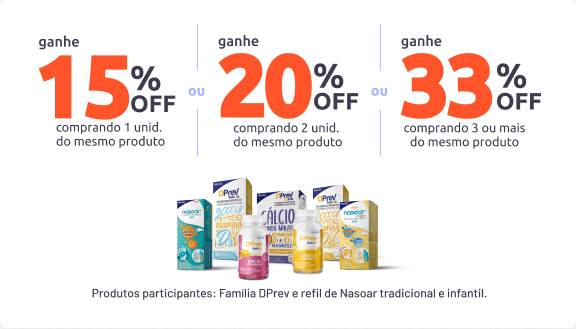 Desconto progressivo Produtos participantes do desconto progressivo: Família DPrev e refil de Nasoar tradicional e infantil. Ganhe 15% na compra de 1 unidade. 20% na segunda. E 33% na compra de 3 ou mais do mesmo produto